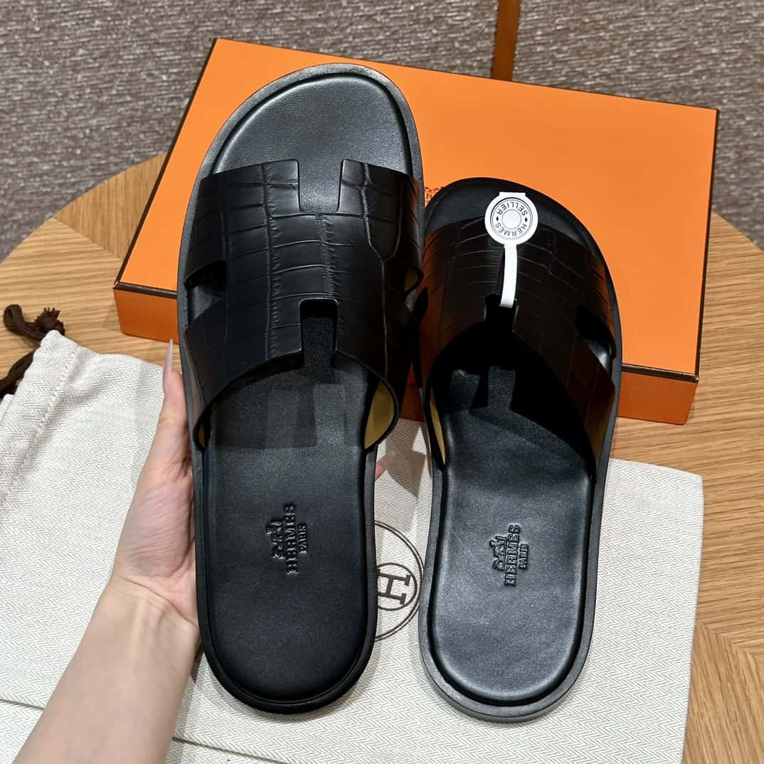 Hermès 182 Men's slippers Black/89/Black Crocodile/alligator