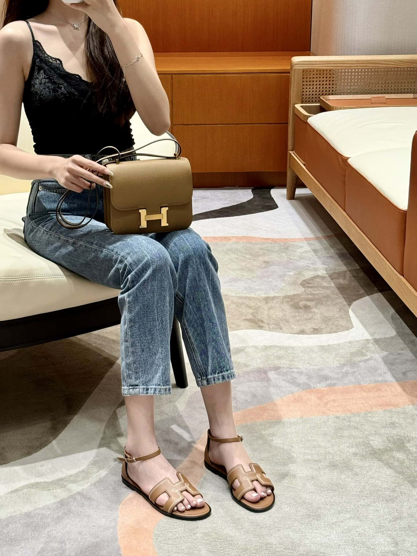 Hermès 196 Santorini Sandal 50 Plain/Swift Golden Brown/ck37/gold